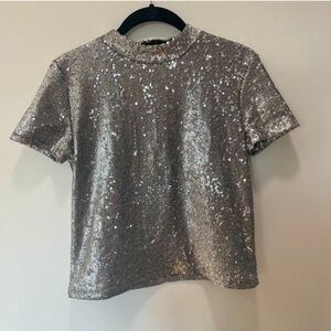 Zara Sparkly Sequined Knit Mock Neck Short Sleeve Blouse Top
